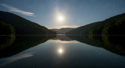 A serene lake reflects the bright full moon and starry sky, framed by dark, tree-covered hills under a twilight sky.