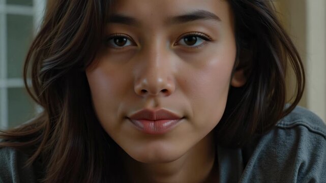 Close-up of a young Asian woman's face looking directly at the camera with a neutral expression, natural light, soft focus, cinematic video