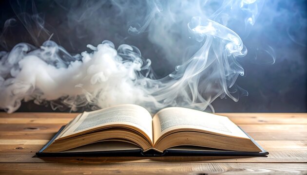 Open book surrounded by smoke on a wooden table