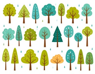 Colorful cartoon trees in various shapes and shades of green
