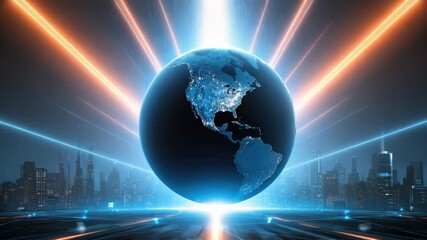 Digital globe illuminated cityscape with vibrant light beams showcasing futuristic technology connection and earth’s glowing night in dynamic global network and modern architecture - Powered by Adobe