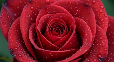 A detailed macro shot of a single, vibrant red rose covered in glistening water droplets.