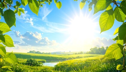 Lush green landscape bathed in sunlight, framed by vibrant leaves, showcasing a peaceful and bright summer scene.