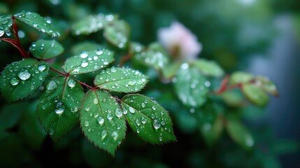 Close Up of Green Leaves Adorned with Water Droplets in Soft Focus Under Natural Light