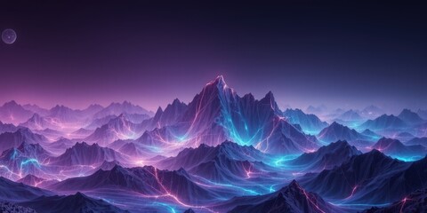 Surreal mountain landscape with neon lights and cosmic sky