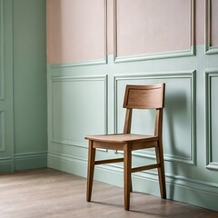 Wooden furniture including a chair and table in a vintage-style room with nobody present