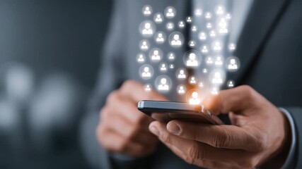 Smartphone business digital communication network connection technology social media user hand interface online interaction mobile contact person icon modern environment interaction - Powered by Adobe