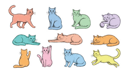 Fototapeta premium Charming Cat Collection: A whimsical assortment of cats in vibrant colors, each cat's unique pose and playful expression will bring joy to any artistic project. 
