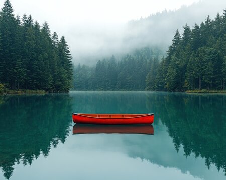 A tranquil red canoe on a serene lake surrounded by misty mountains and evergreen forest - Powered by Adobe