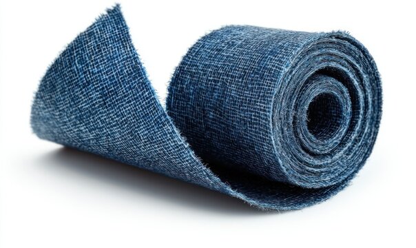 Rolled denim fabric against a white background