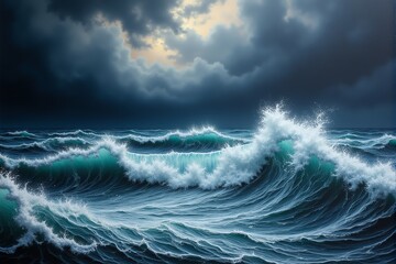 A dramatic scene of turbulent ocean waves crashing under a moody sky. The interplay of light and shadow creates a mesmerizing atmosphere, showcasing nature's power and beauty.