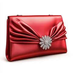 A red satin evening clutch with a rhinestone clasp, angled side perspective, clutch bag isolated on white background color, photorealistic accuracy, good composition, high resolution