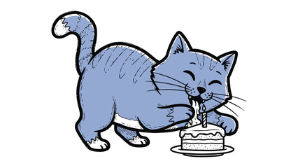 Cat with birthday cake: A whimsical illustration of a charming cat with a sweet tooth celebrating a birthday, joyfully nibbling on a piece of a delicious cake, with a single lit candle. 