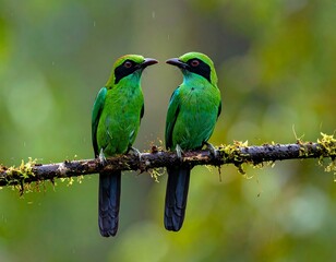 Fototapeta premium Two vibrant green birds perch side-by-side on a branch, showcasing brilliant plumage and a tranquil forest backdrop.
