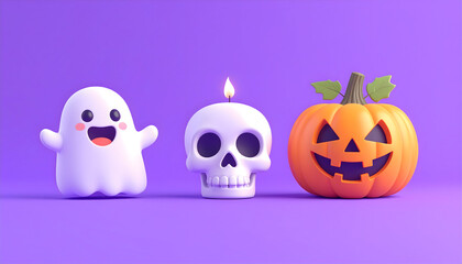 Cute 3d cartoon ghost, skull with candle, and jackolantern pumpkin on a purple background