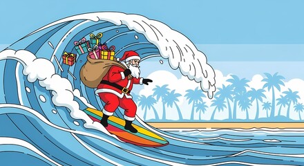 Santa Surfing on a Colorful Wave with Gifts in Tropical Paradise