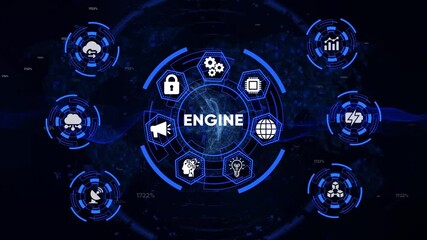 Futuristic digital engine interface with interconnected icons representing technology innovation data cloud computing A I and global network connections - Powered by Adobe