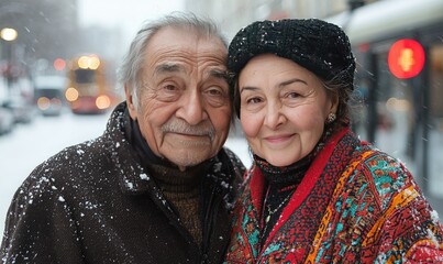 An elderly couple smiles warmly in a snowy city street