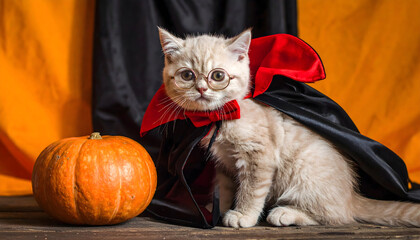 A cute kitten dressed as a vampire with a red bow tie and cape sits next to a pumpkin