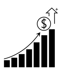 Financial growth icon with bar chart, upward arrow, and dollar sign. arrow with a plus sign at the top emphasizes positive gain.