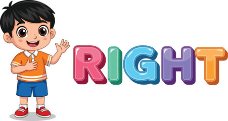Cute little boy wearing orange shirt waving hand, colorful letters spelling right, happy child learning directions, educational kids illustration