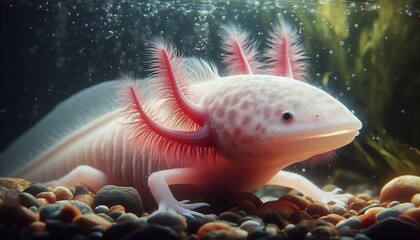 Obraz premium Adorable axolotl resting underwater among pebbles and bubbles in a serene and peaceful habitat