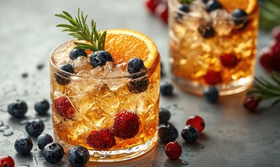 Refreshing fruit cocktails in glasses, garnished with rosemary and orange slices