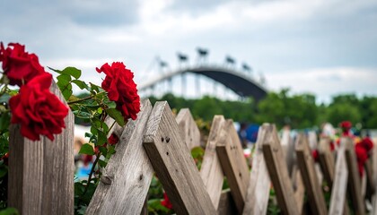 Red roses climbing a weathered wooden fence, with a bridge in the background