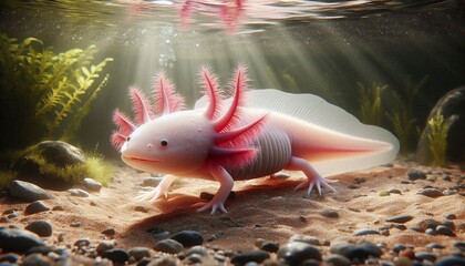Adorable axolotl swimming serenely underwater in sunlit aquarium habitat, showcasing unique animal