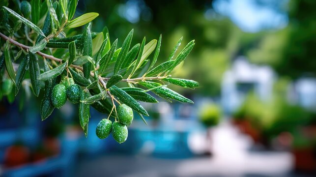 Close Up of Olive Tree Branch with Green Olives and Leaves in Macro Cinematic HDR Shot with Blurred Background