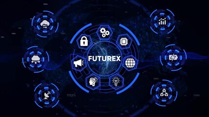 Futuristic digital network interface with glowing icons representing cloud computing data security artificial intelligence global connectivity energy and innovation Futurex technology concept - Powered by Adobe