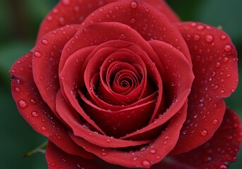 A detailed macro shot of a single, vibrant red rose covered in glistening water droplets.