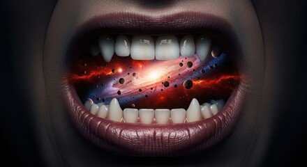 Fototapeta premium Cosmic mouth galaxy open jaw with stars and nebula surreal horror imagery