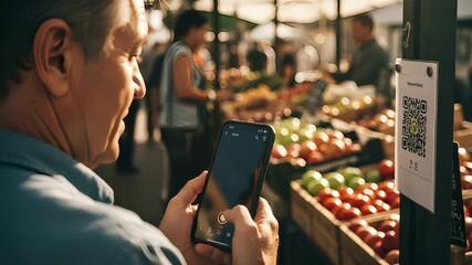 Man uses Smartphone to Scan QR Code at Farmers Market for Contactless Payment convenience - Powered by Adobe