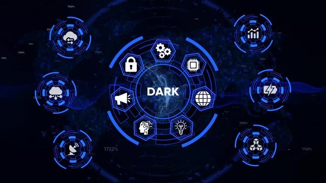 Futuristic Dark Technology H U D Interface with Icons for Cloud Computing Data Analytics A I Security and Global Network Communication