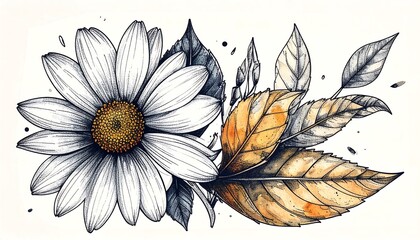 A detailed illustration of a white daisy and autumnal leaves, featuring intricate line work and watercolor washes, set against a crisp white background.