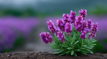 Close Up of Purple Lavender Flowers with Green Foliage in Cinematic HDR Lighting on Blurry Violet Lavender Field Background