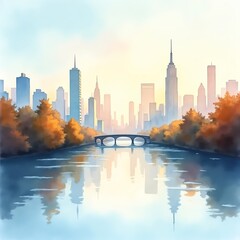 Fototapeta premium A stunning cityscape featuring a vibrant skyline reflected on a tranquil river, surrounded by autumn foliage and bathed in soft, warm light during the golden hour.
