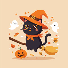Adorable Black Cat Witch Flying on Broomstick.