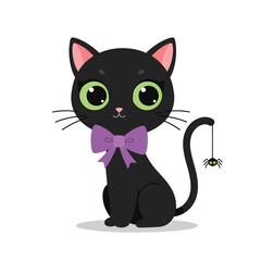 Adorable Black Kitten with Purple Bow and Spider.