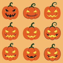 Collection of Carved Halloween Pumpkin Faces.