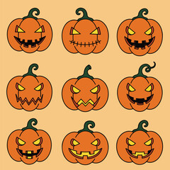 Collection of Spooky Halloween Jack-o-lantern Faces.