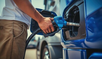 Man filling up electric blue truck with fuel at station closeup hand holding pump wearing white shirt brown pants transportation industry concept