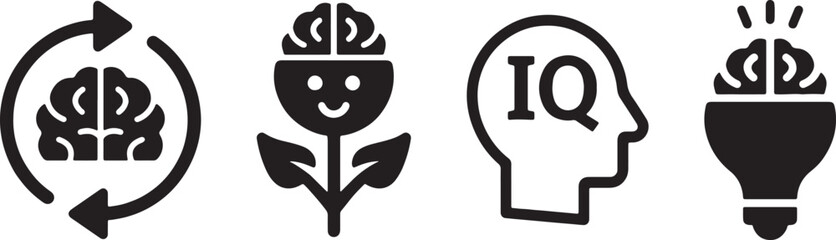 brain, icon, symbol, mind, intelligence, idea, learning, knowledge, thinking, creativity, growth, development, cycle, process, human, head, lightbulb, flower, plant, happy, face, iq, concept, vector, 