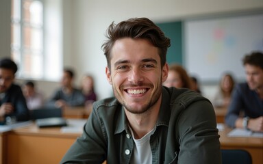 Smiling male student sitting in university classroom. High quality
