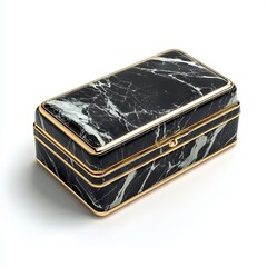 A structured box clutch with marble pattern and gold trim, top perspective, clutch bag isolated on white background color, photorealistic accuracy, good composition, high resolution