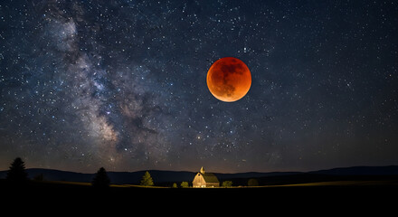 A serene lake reflects the bright full moon and starry sky, framed by dark, tree-covered hills under a twilight sky.