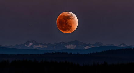 A serene lake reflects the bright full moon and starry sky, framed by dark, tree-covered hills under a twilight sky.
