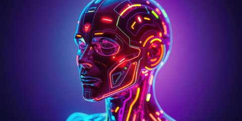 Futuristic cybernetic human head with neon glow and digital data flow