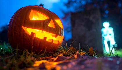A carved halloween pumpkin sits on the ground at dusk, with a spooky skeleton figure and tombstone in the background